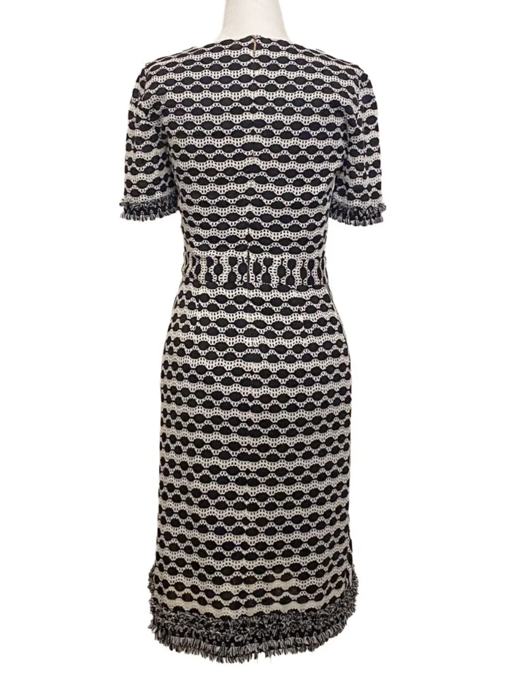 TORY BURCH Paulina Knit Fringe Midi A-Line Dress Black Cream XS Kate Middleton